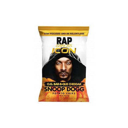A bag of Rap Snacks Snoop Dogg O.G. Bar-B-Q Cheddar chips, featuring bold, smoky BBQ and creamy cheddar seasoning. The packaging features Snoop Dogg's iconic branding, with vibrant colors and a hip-hop-inspired design.