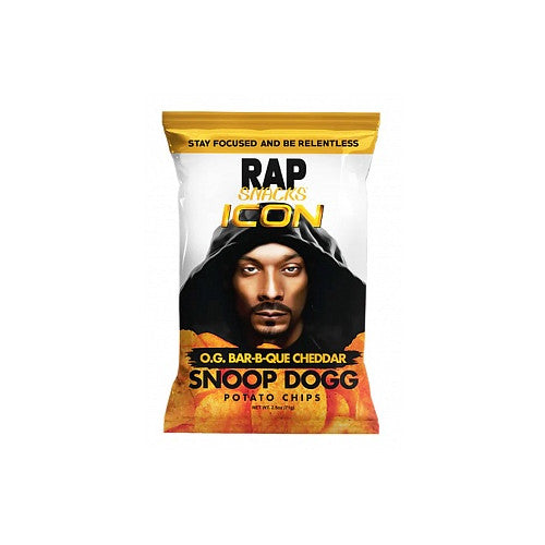 A bag of Rap Snacks Snoop Dogg O.G. Bar-B-Q Cheddar chips, featuring bold, smoky BBQ and creamy cheddar seasoning. The packaging features Snoop Dogg's iconic branding, with vibrant colors and a hip-hop-inspired design.