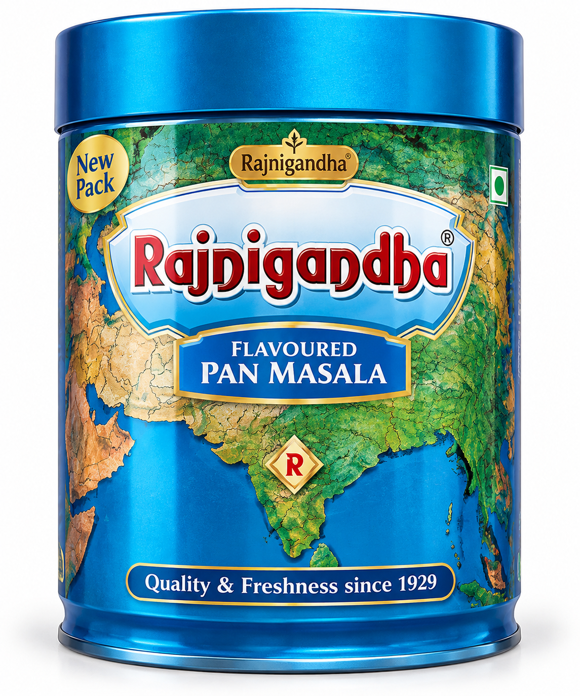 Rajnigandha Flavoured Pan Masala 200g blue metal tin with a matching lid, colourful map-inspired packaging, gold accents and the Rajnigandha brand logo.