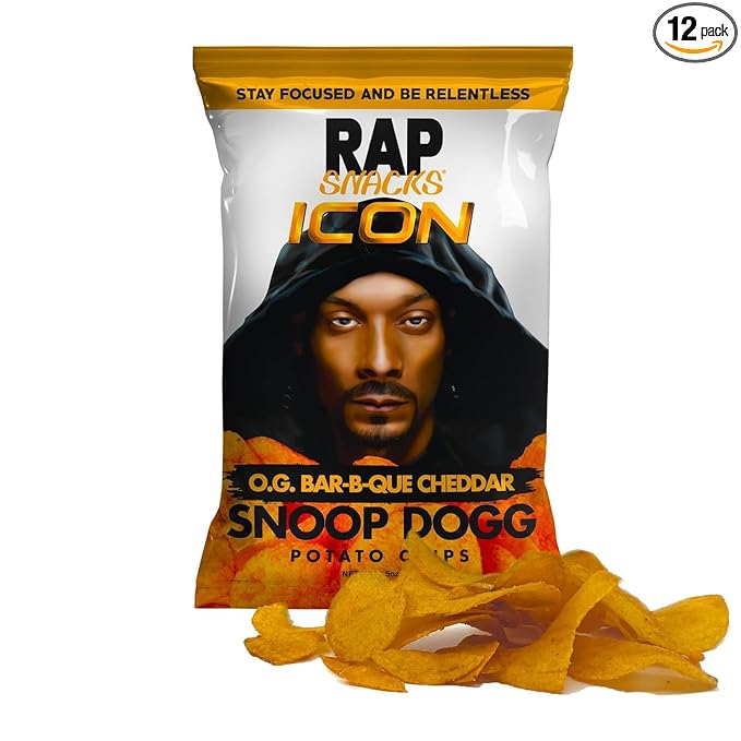 A bag of Rap Snacks Snoop Dogg O.G. Bar-B-Q Cheddar chips, featuring bold, smoky BBQ and creamy cheddar seasoning. The packaging features Snoop Dogg's iconic branding, with vibrant colors and a hip-hop-inspired design.
