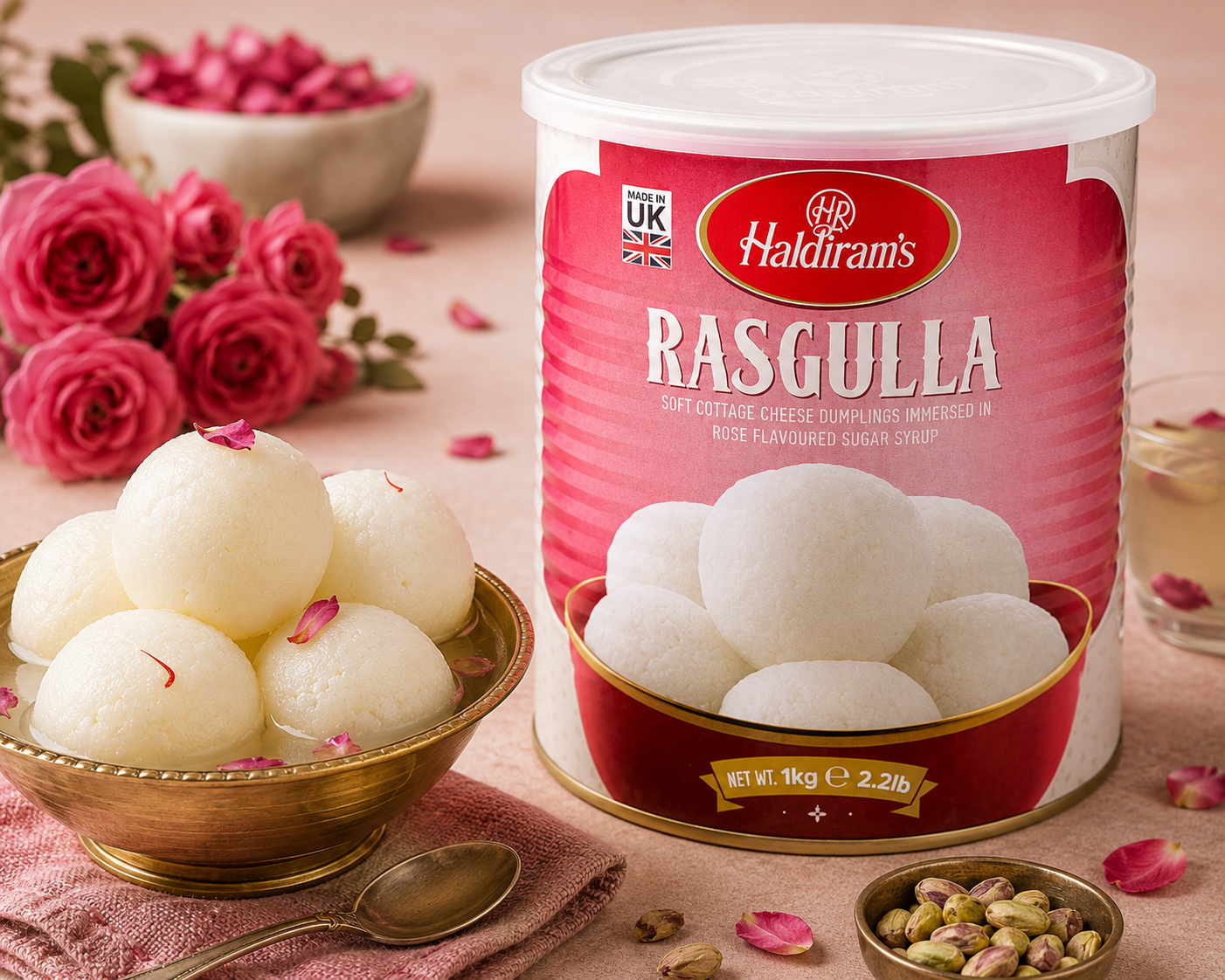 A canister of Haldiram's Rasgulla sweets shown beside a bowl of white sugar dumplings, pink roses, and pistachios on a pink tabletop.
