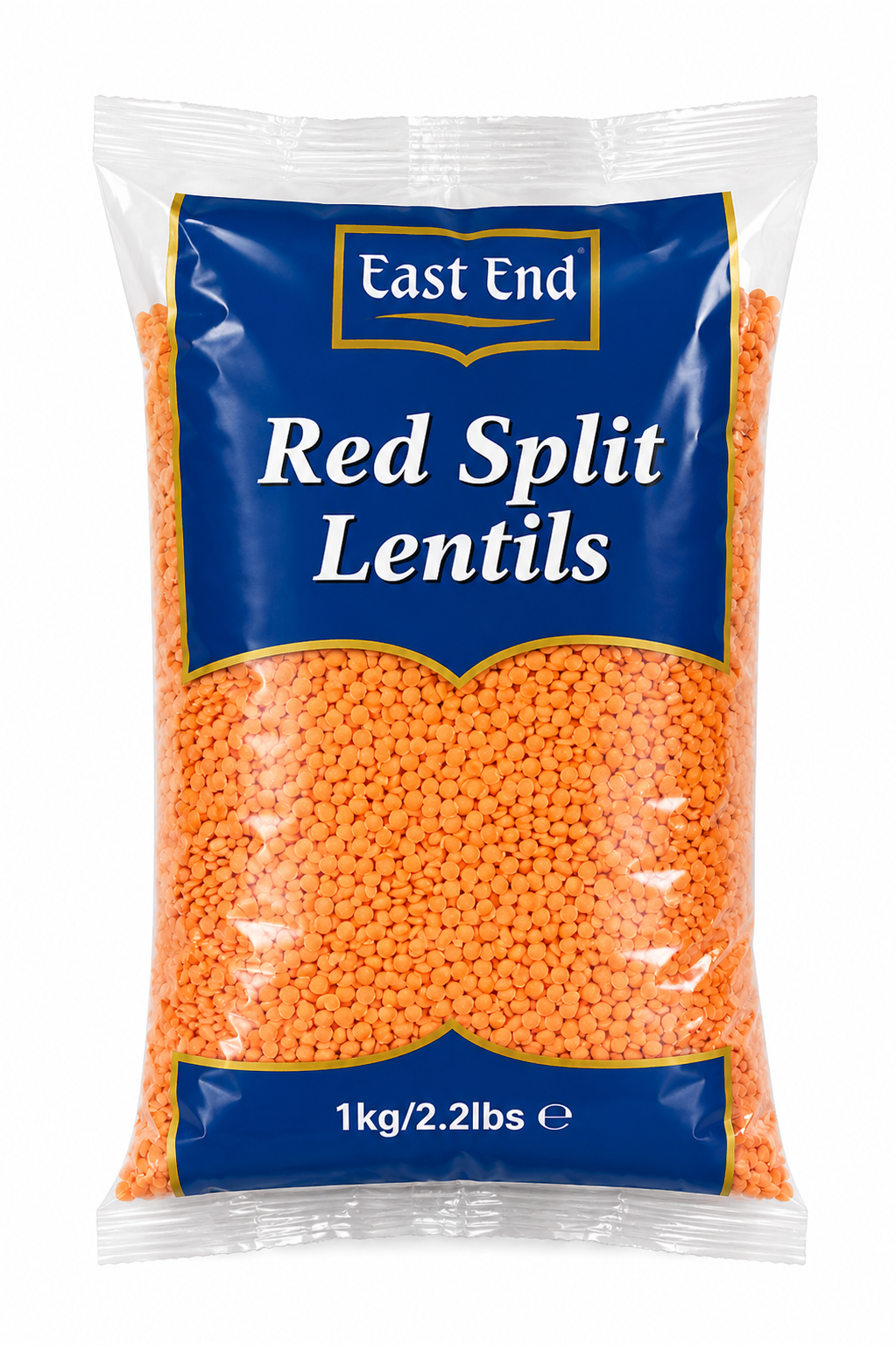 A 1kg bag of East End Red Split Lentils, showing the orange lentils through a clear plastic bag with a blue and white label.