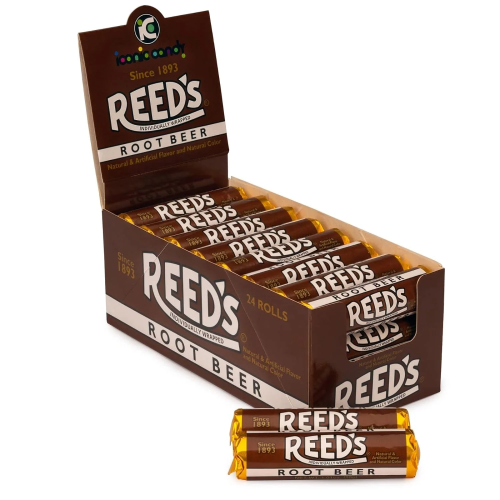 Front view of Reeds Roll Root Beer 29 g showing soft, chewy candy rolls with creamy root beer taste.