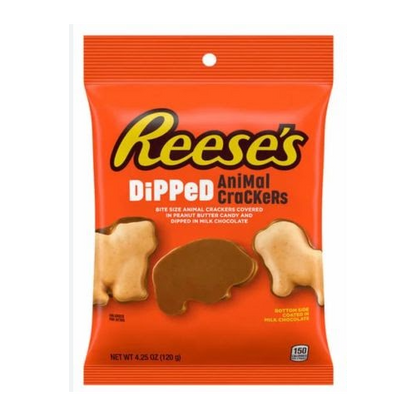 Reese’s Dipped Animal Crackers in a 4.25oz bag, featuring animal-shaped crackers coated in creamy peanut butter and milk chocolate.