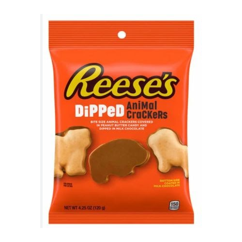 Reese’s Dipped Animal Crackers in a 4.25oz bag, featuring animal-shaped crackers coated in creamy peanut butter and milk chocolate.