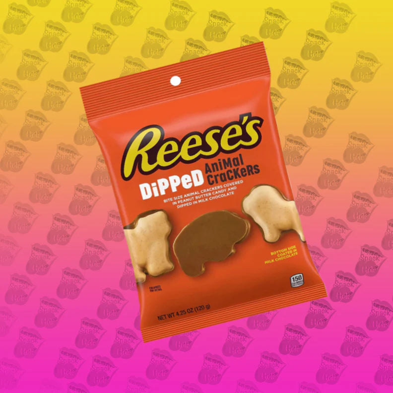 Reese’s Dipped Animal Crackers in a 4.25oz bag, featuring animal-shaped crackers coated in creamy peanut butter and milk chocolate