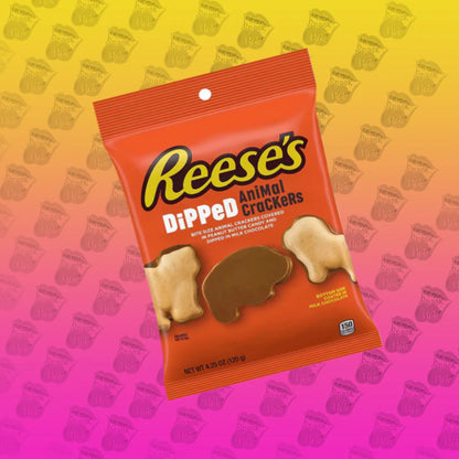 Reese’s Dipped Animal Crackers in a 4.25oz bag, featuring animal-shaped crackers coated in creamy peanut butter and milk chocolate