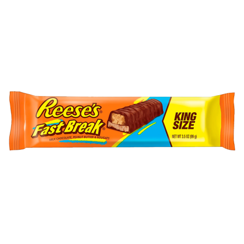 Reese's Fast Break King Size Bar (99g), featuring a creamy peanut butter and nougat center, coated in smooth milk chocolate.
