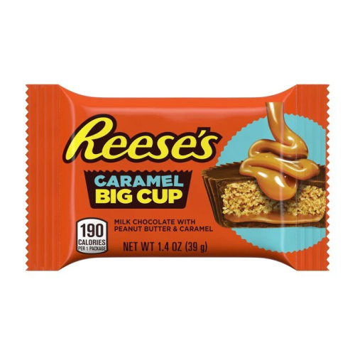 Reese's Big Cup with Caramel, a 39g milk chocolate cup filled with peanut butter and caramel.