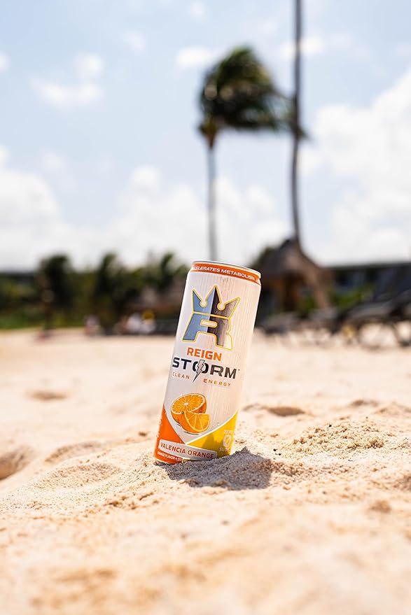 Reign Storm Clean Energy can showing Valencia Orange label and branding
