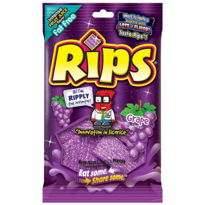 Rips Bite-Size Grape Pieces 4oz (113g) peg bag of chewy grape candy.