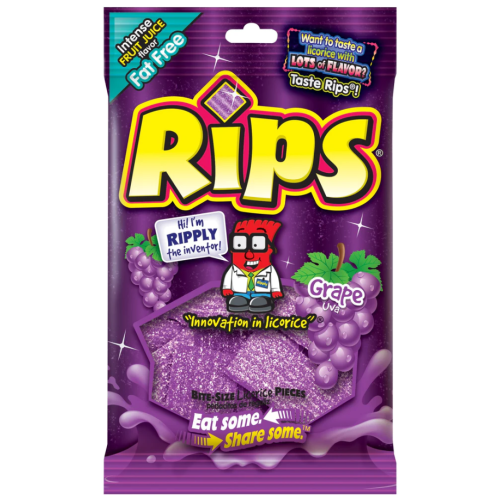 Rips Bite-Size Grape Pieces 4oz (113g) peg bag of chewy grape candy.