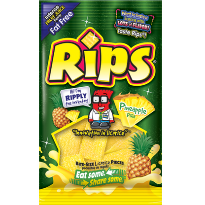 Rips Bite-Size Pineapple Pieces 4oz (113g) peg bag of chewy pineapple candy.