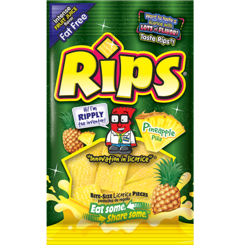 Rips Bite-Size Pineapple Pieces 4oz (113g) peg bag of chewy pineapple candy.