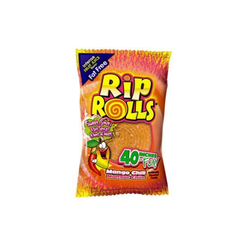 Rip Rolls Mango Chilli 40g snack roll with mango and chili graphics on the packaging.
