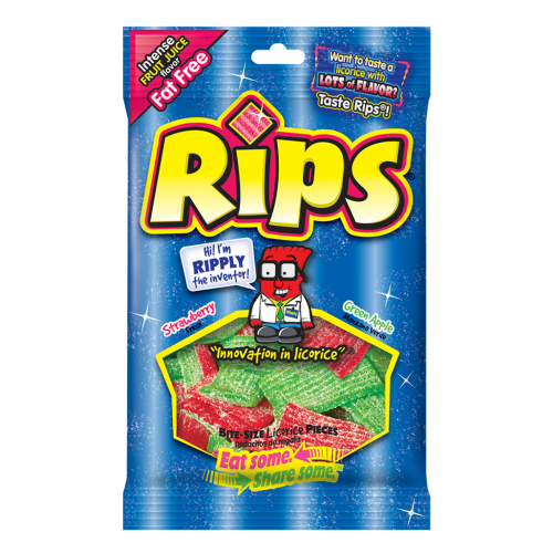 Rips Bite Size Pieces Strawberry and Green Apple 4oz peg bag of chewy candy.