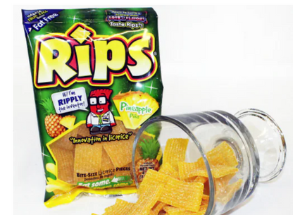 Rips Bite-Size Pineapple Pieces 4oz bag displayed with bite-sized chewy candies spilled in front of it.