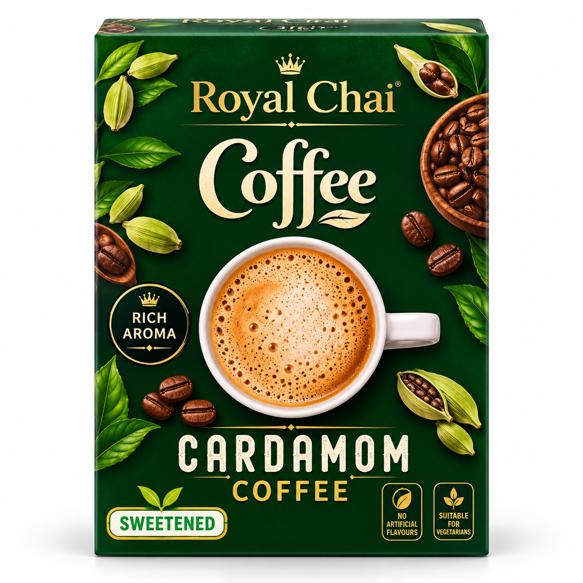 Royal Chai Cardamom Unsweetened Coffee 180g box with dark green and gold packaging, a frothy coffee cup, coffee beans, cardamom pods and an unsweetened label.