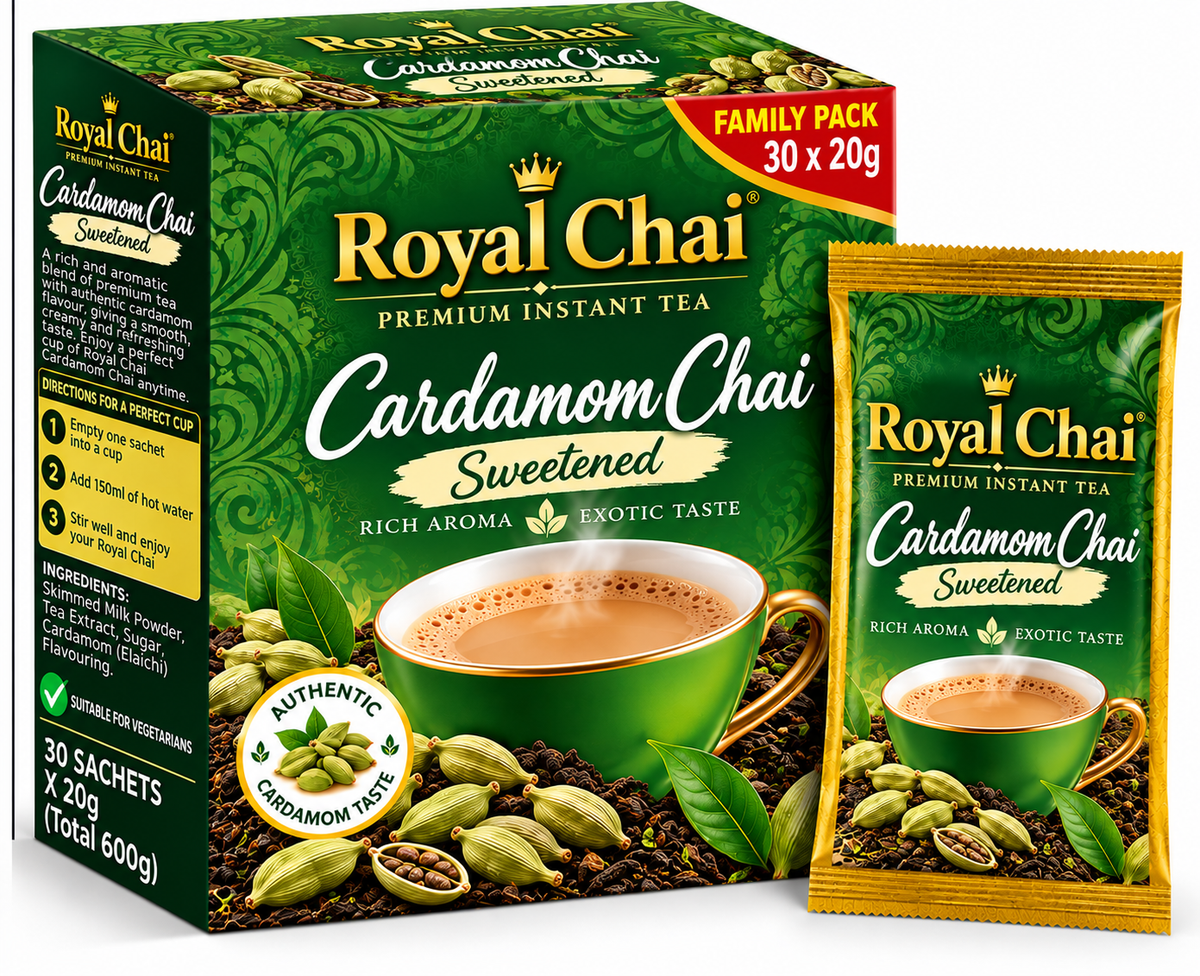 Royal Chai Cardamom Sweetened Family Pack 30 x 20g featuring premium green and gold packaging, a steaming cup of cardamom chai, fresh green cardamom pods, aromatic tea leaves, and a matching golden sachet.