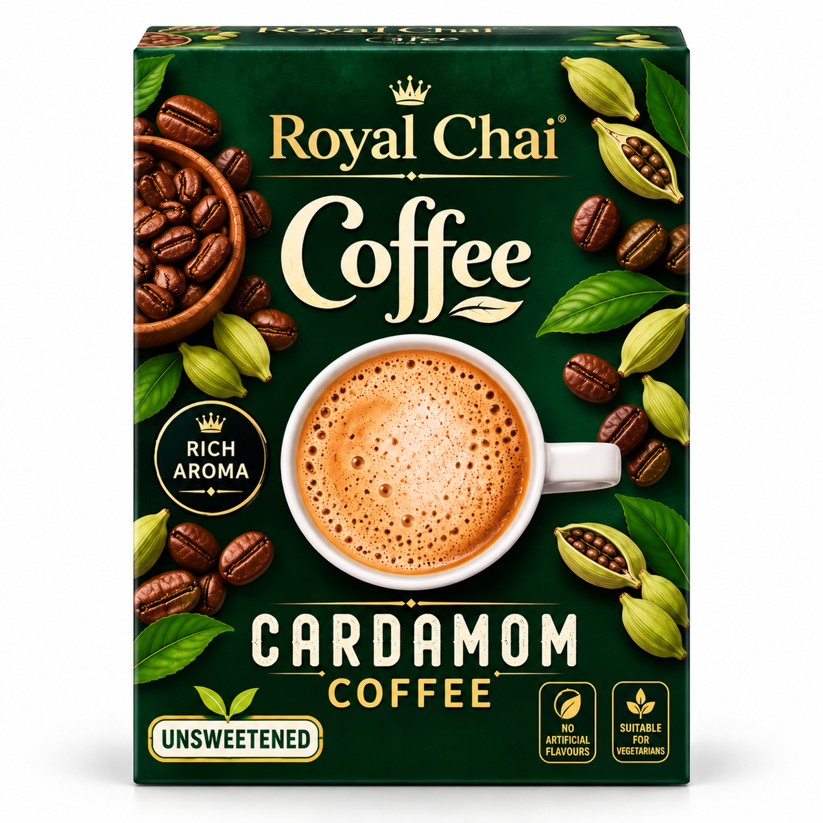 Royal Chai Cardamom Unsweetened Coffee 180g box with dark green and gold packaging, a frothy coffee cup, coffee beans, cardamom pods and an unsweetened label.