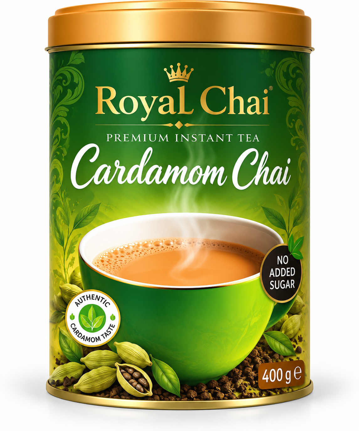 Royal Chai Cardamom Unsweetened 400g tea tub featuring dark green and gold packaging, a steaming cup of chai, green cardamom pods and an authentic cardamom taste label.