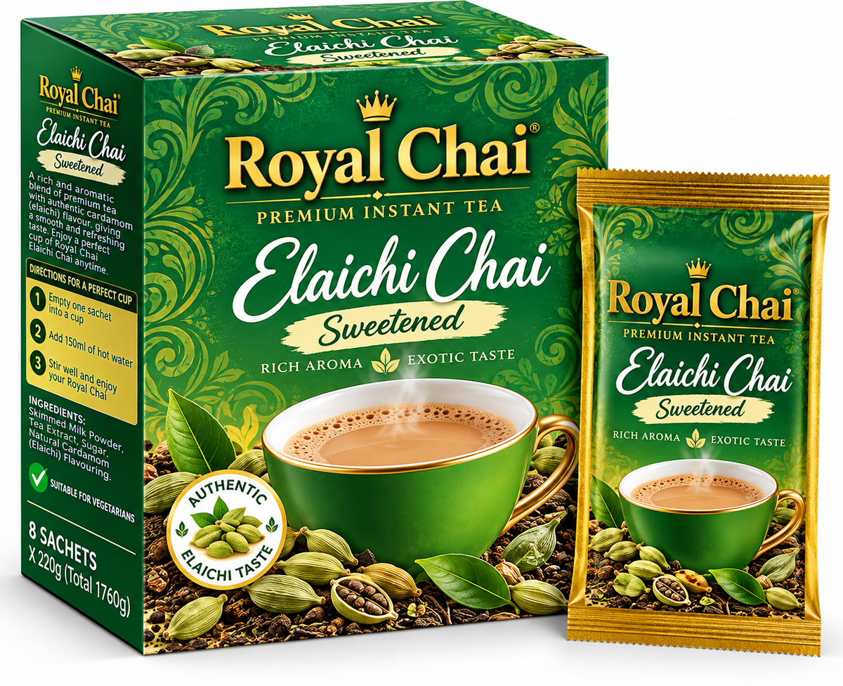 Royal Chai Elaichi Sweetened Chai 8 x 220g featuring premium green and gold packaging, a steaming cup of cardamom chai, fresh green cardamom pods, aromatic tea leaves, and a matching golden sachet.