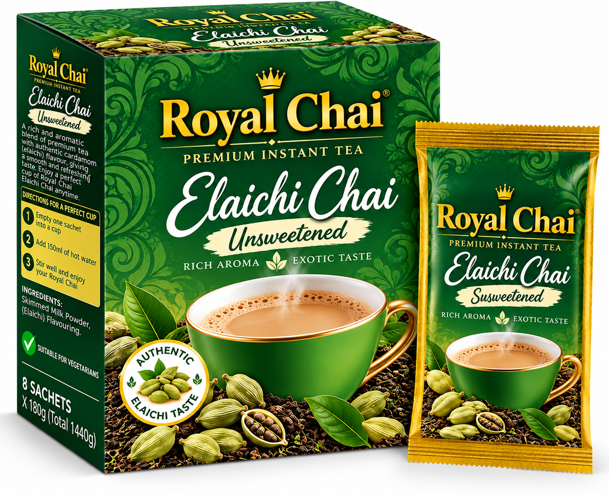 Royal Chai Elaichi Unsweetened Chai 8 x 180g featuring premium green and gold packaging, a steaming cup of cardamom chai, fresh green cardamom pods, aromatic tea leaves, and a matching golden sachet.
