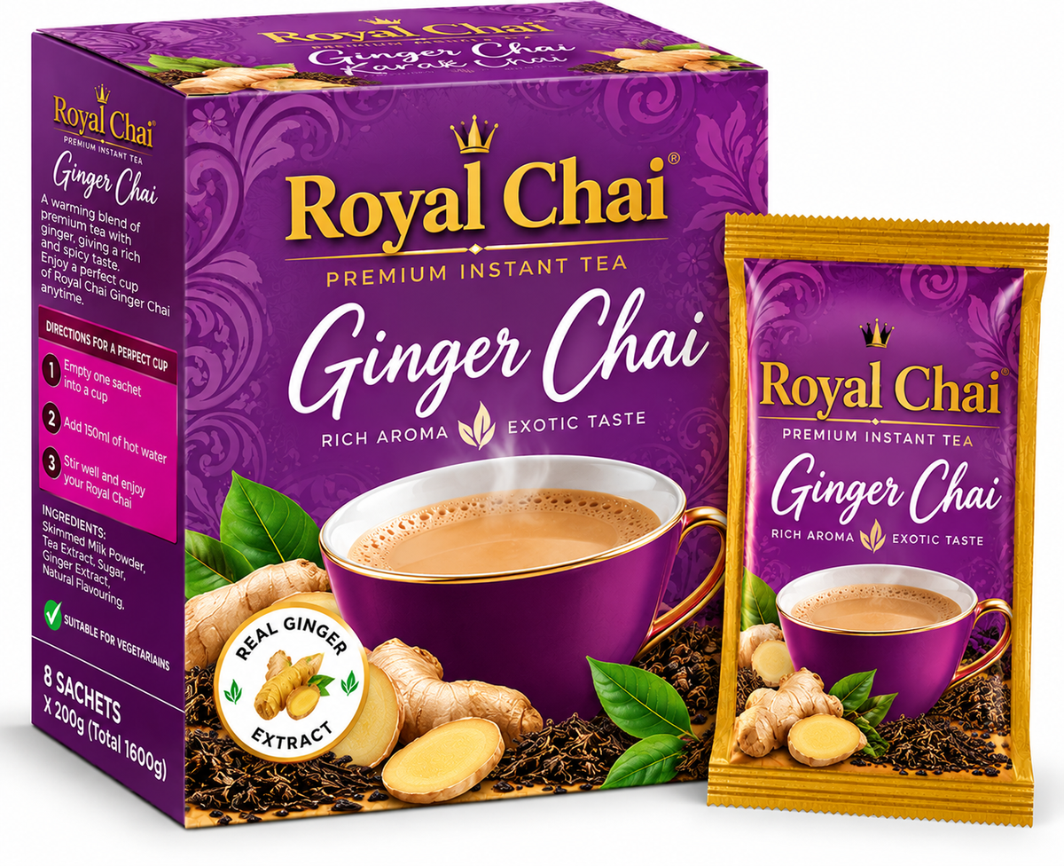 Royal Chai Ginger Sweetened Chai 8 x 200g featuring premium purple and gold packaging, a steaming cup of ginger chai, fresh ginger roots, green leaves, and a matching sachet.