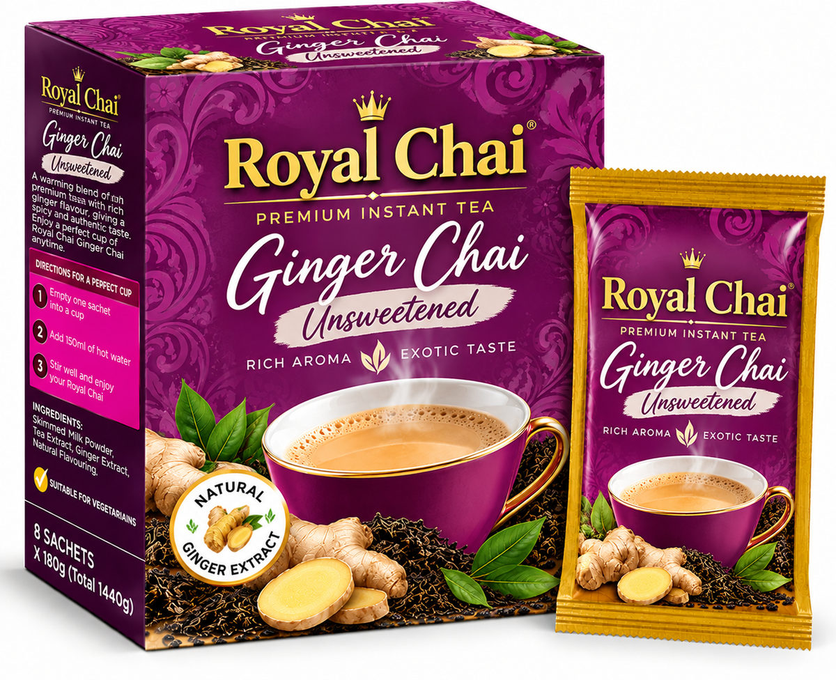 Royal Chai Ginger Unsweetened Chai 8 x 180g featuring purple and gold packaging, a steaming cup of ginger chai, fresh ginger roots, green leaves, and a matching golden sachet.