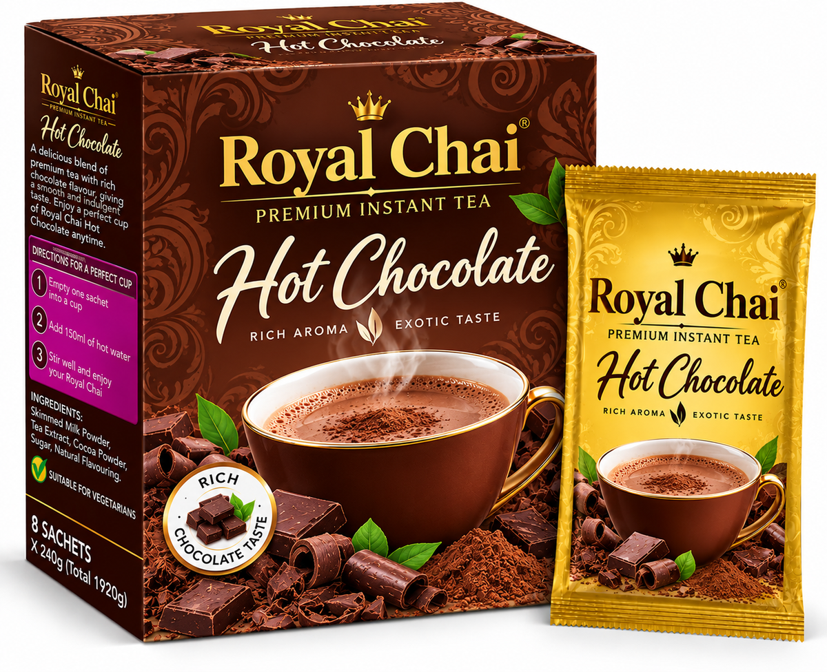 Royal Chai Hot Chocolate 8 x 240g featuring premium dark brown and gold packaging, a steaming cup of creamy hot chocolate, rich chocolate pieces and shavings, and a matching golden sachet.