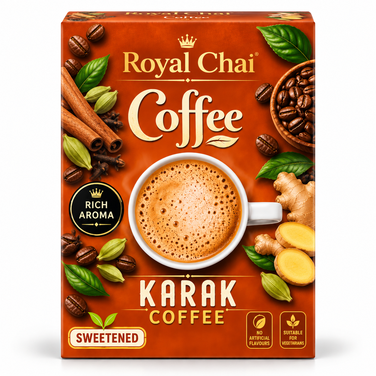 Royal Chai Karak Coffee 200g box with orange packaging, a frothy coffee cup, roasted coffee beans, cinnamon, cardamom and ginger.