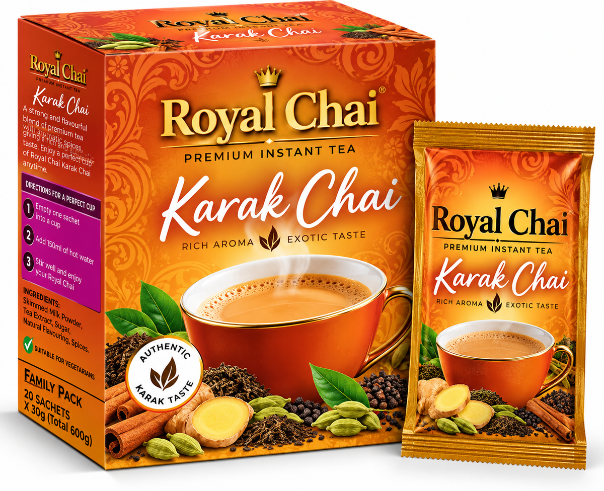 Royal Chai Karak Sweetened Family Pack 20 x 30g featuring orange and gold packaging, a cup of rich karak chai, aromatic tea leaves and spices, and a matching sachet.