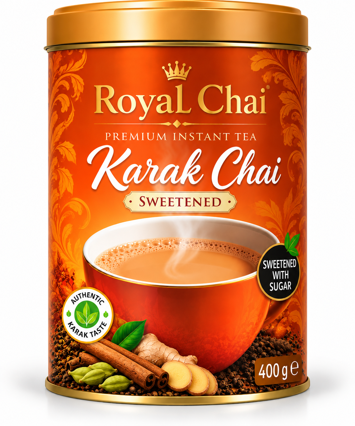 Royal Chai Karak Sweetened 400g tea tub featuring orange and gold packaging, a steaming cup of karak chai, tea leaves and a sweetened with sugar label.