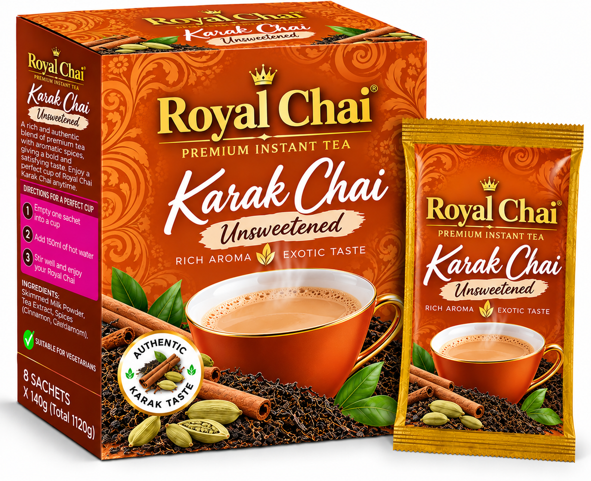 Royal Chai Karak Unsweetened Chai 8 x 140g featuring orange and gold packaging, a steaming cup of karak chai, aromatic tea leaves, cinnamon, cardamom, and a matching golden sachet.