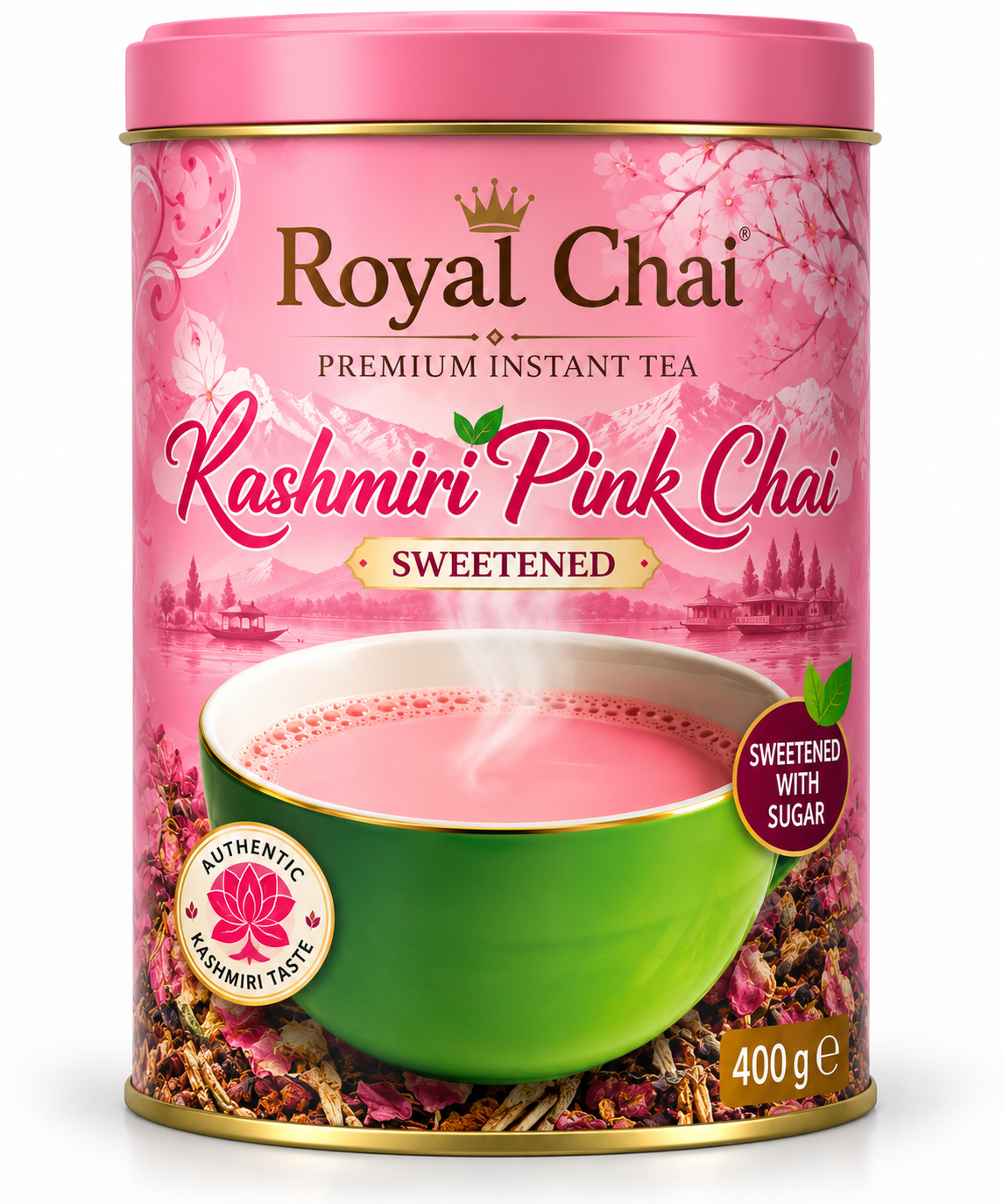 Royal Chai Kashmiri Pink Chai Sweetened 400g tub with pink packaging, Kashmiri mountain scenery, a green cup of pink tea and a sweetened with sugar label.