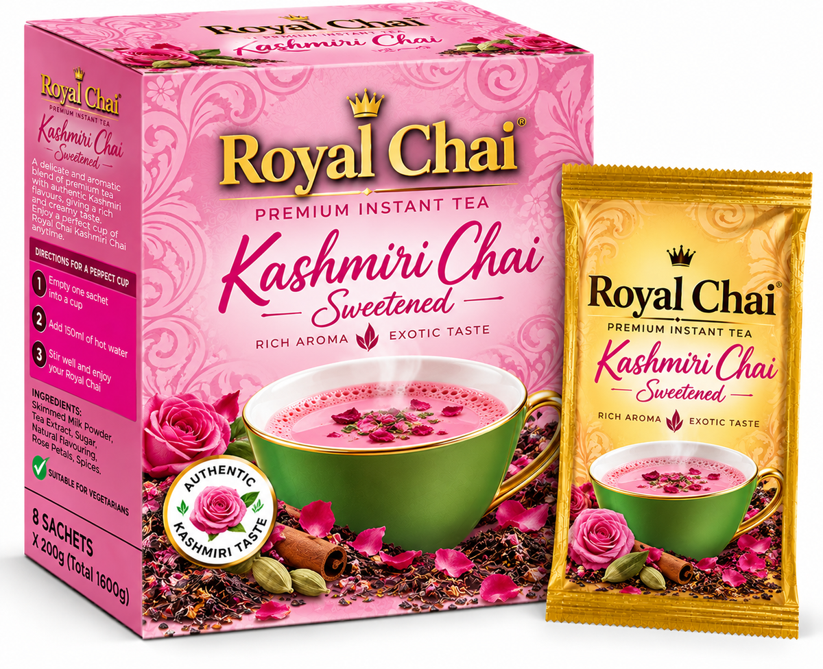 Royal Chai Kashmiri Sweetened Chai 8 x 200g featuring pink and gold packaging, a cup of traditional pink Kashmiri chai, rose petals, aromatic spices, and a matching golden sachet.