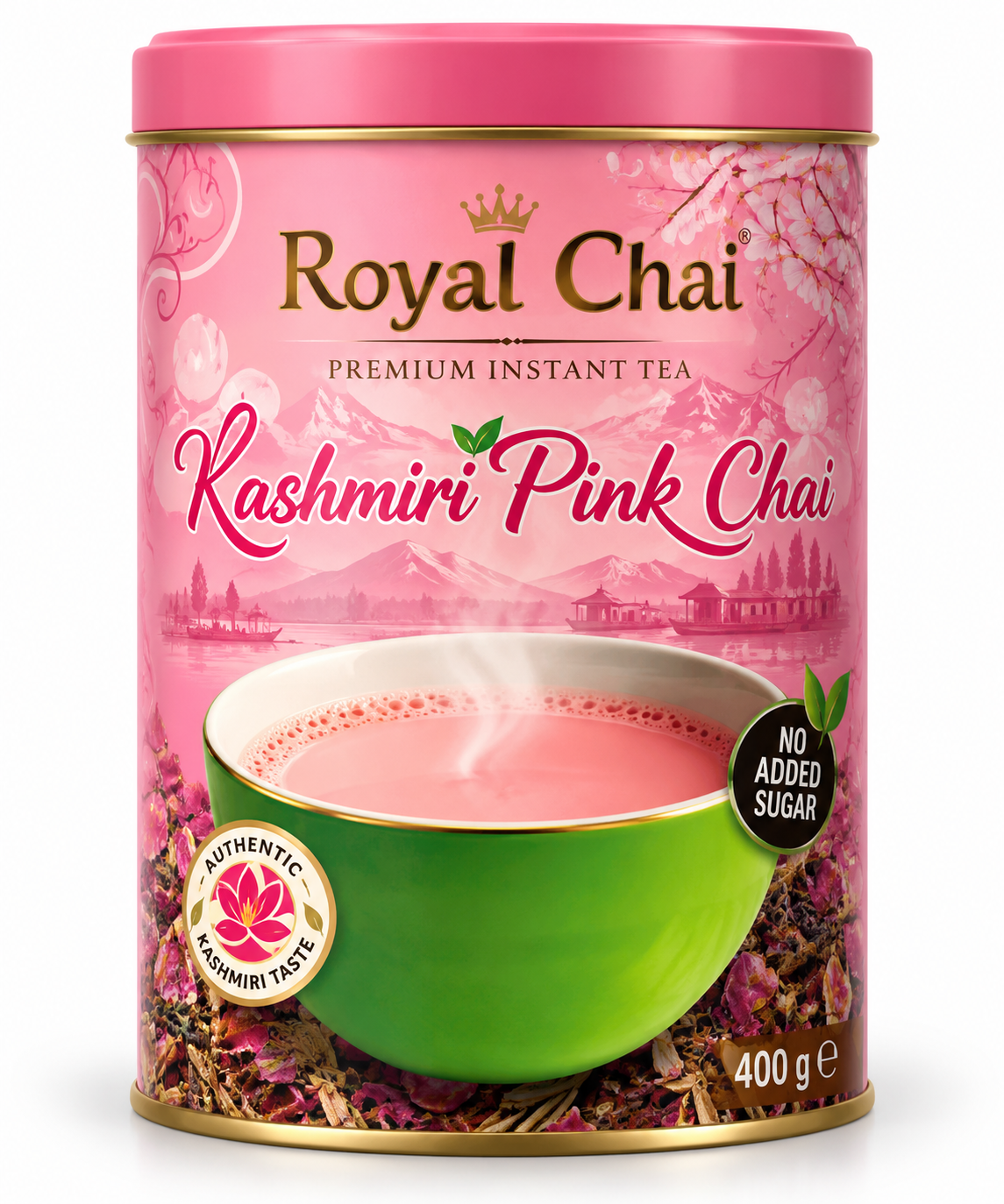 Royal Chai Kashmiri Unsweetened 400g pink tub featuring Kashmiri mountain scenery, a green bowl of pink chai and a no added sugar label.