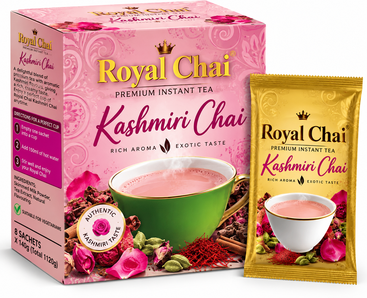 Royal Chai Kashmiri Unsweetened Chai  x140g featuring pink and gold packaging, a cup of traditional pink Kashmiri chai, rose petals, aromatic spices, and a matching golden sachet.