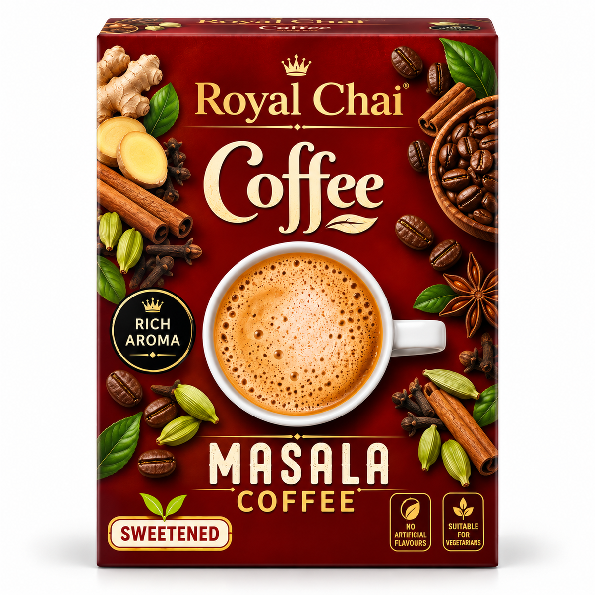 Royal Chai Masala Sweetened Coffee 200g featuring premium packaging with a rich cup of spiced coffee and aromatic masala spices, highlighting its sweetened flavour.