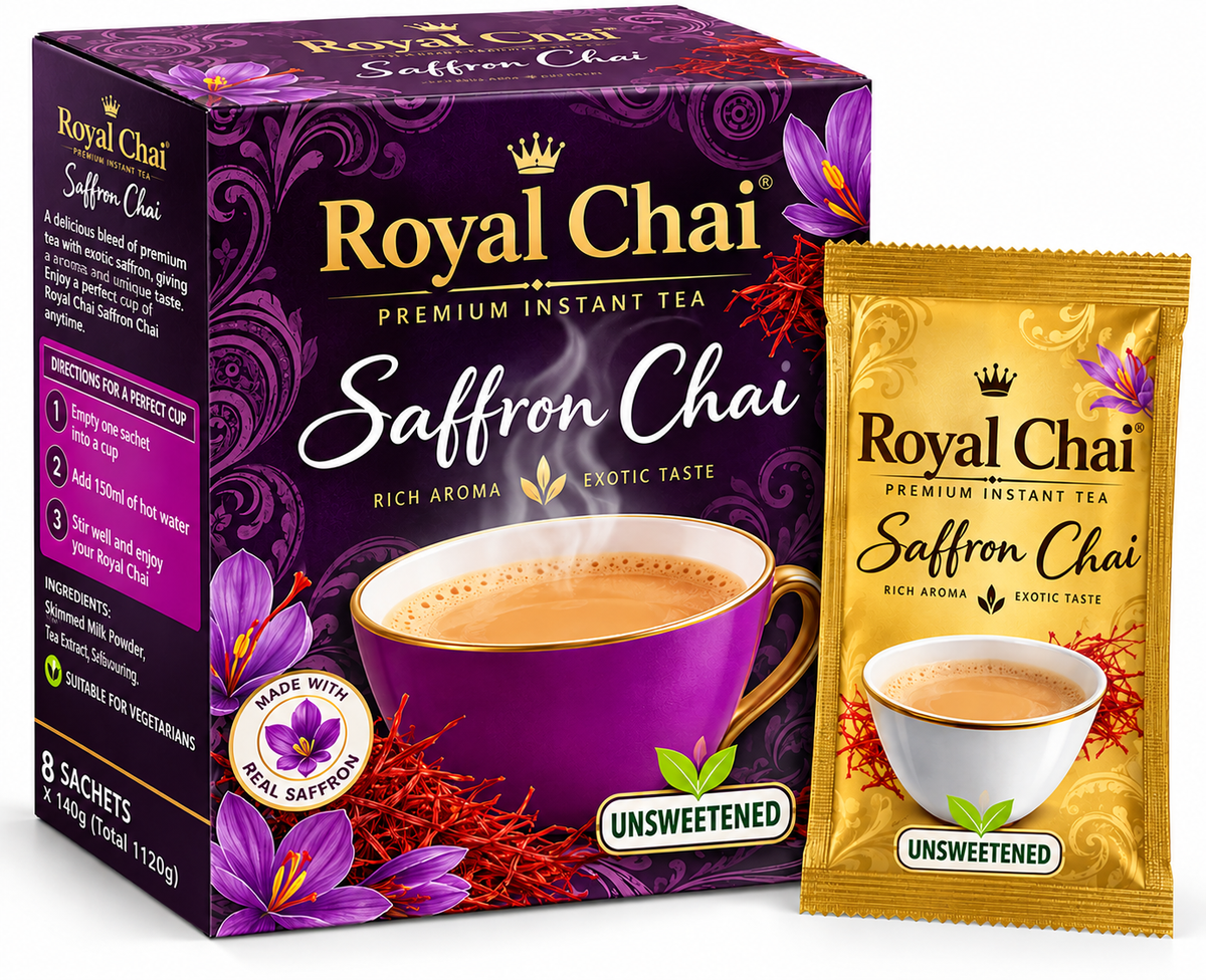 Royal Chai Saffron Unsweetened Chai 8 x 140g featuring premium purple and gold packaging, saffron flowers, saffron threads, a steaming cup of chai, and a matching golden sachet.