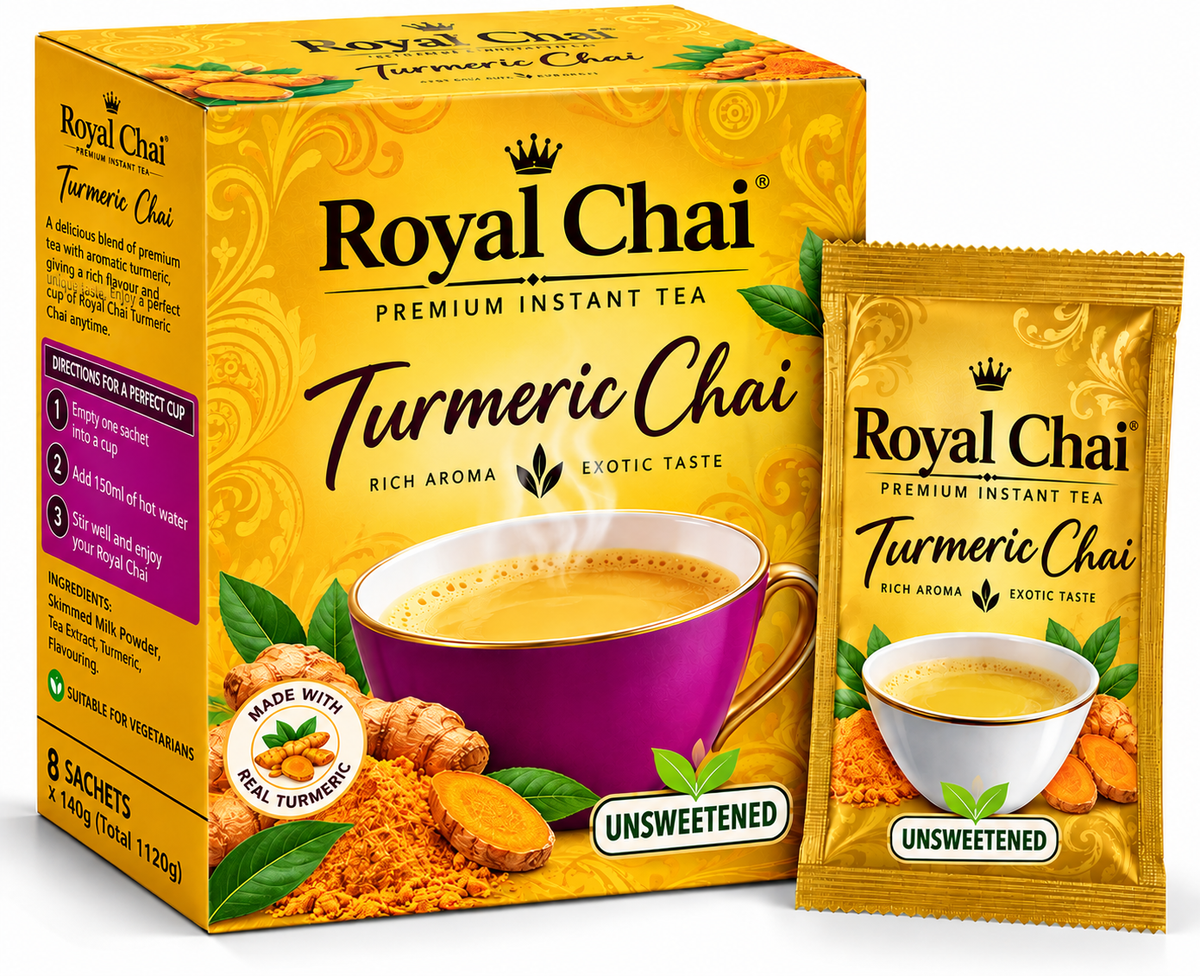 Royal Chai Turmeric Unsweetened Chai 8 x 140g featuring golden-yellow packaging, a steaming cup of turmeric chai, fresh turmeric roots, turmeric powder, green leaves, and a matching golden sachet.