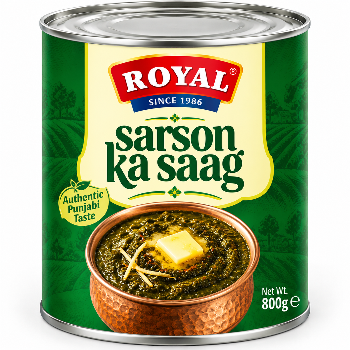 Royal Punjab Sarson Ka Saag 800g tin featuring dark green packaging, a cream and gold label, the Royal logo, and a bowl of traditional Punjabi mustard greens topped with butter and ginger.