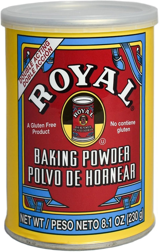 Can of Royal Baking Powder with red and yellow label