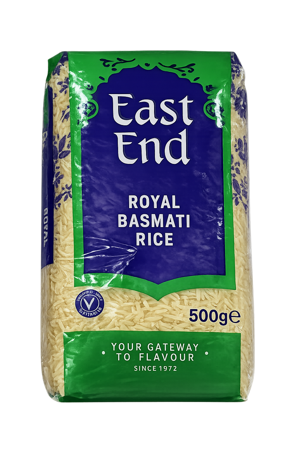 East End Royal Basmati Rice 500g pack displayed on a store shelf – Premium long grain aromatic basmati rice