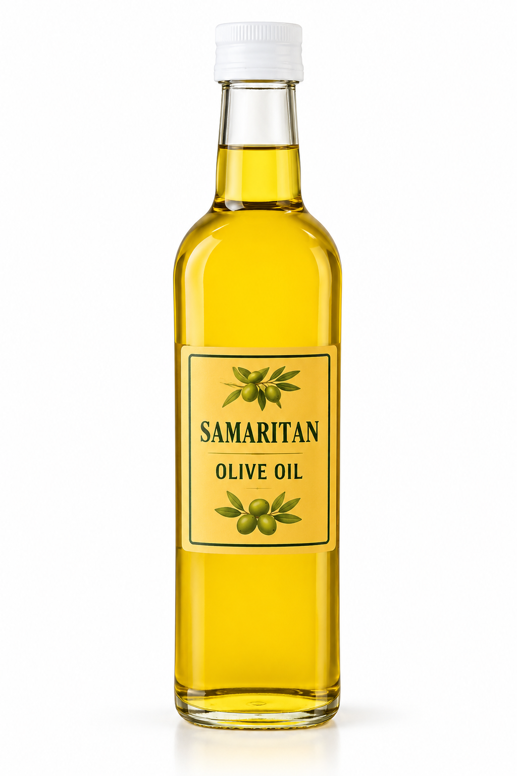 Samaritan Olive Oil 185ml in a clear bottle with golden-yellow oil, a white cap and a cream label featuring green olives and olive branches.