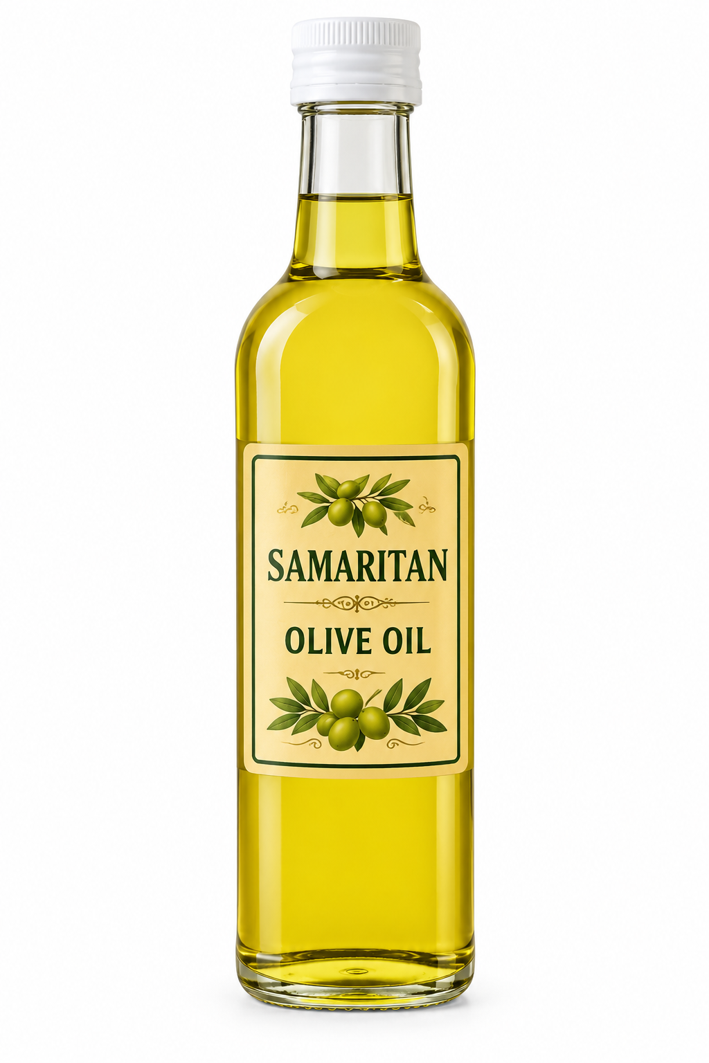 Samaritan Olive Oil 92ml in a slender clear bottle containing yellow-green olive oil, with a white cap and a cream label featuring green olives and decorative olive branches.