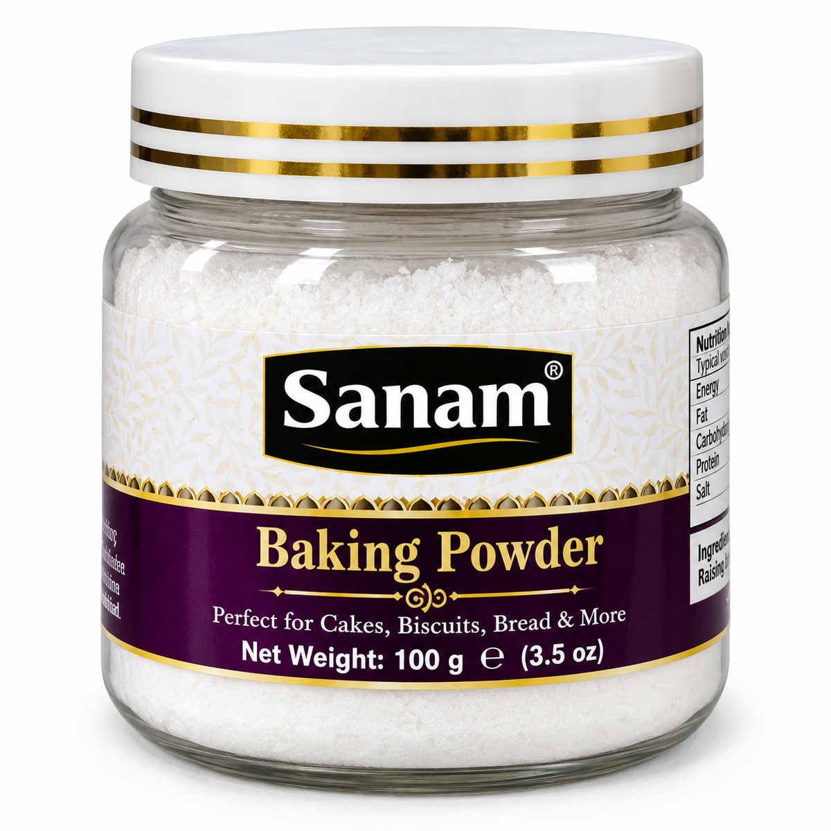 Sanam Baking Powder 100g jar featuring a clear container, white lid with gold stripes, fine white baking powder, and a purple and cream label with gold detailing.