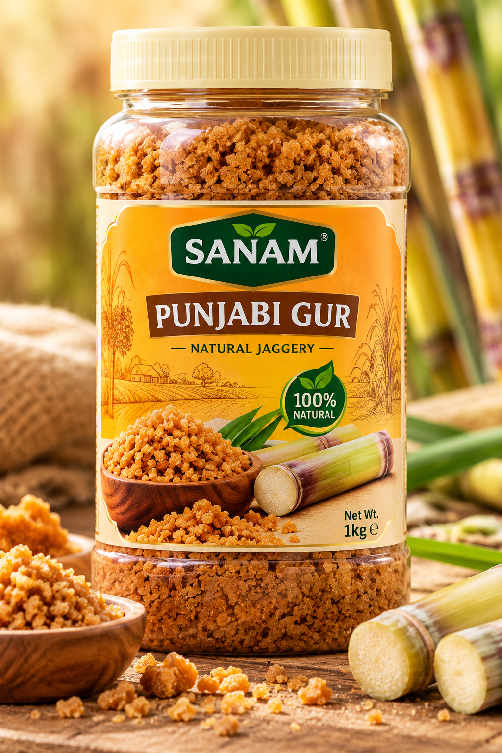 Sanam Punjabi Gur 1kg jar featuring traditional Punjabi jaggery in a clear container with a golden lid, brown jaggery pieces, and a Sanam label with natural ingredients imagery.