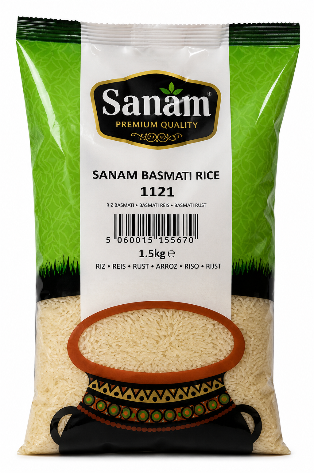 A 1.5 kg bag of Sanam Basmati Rice 1121, featuring a green and white packaging design with a clear window showing the rice grains inside.