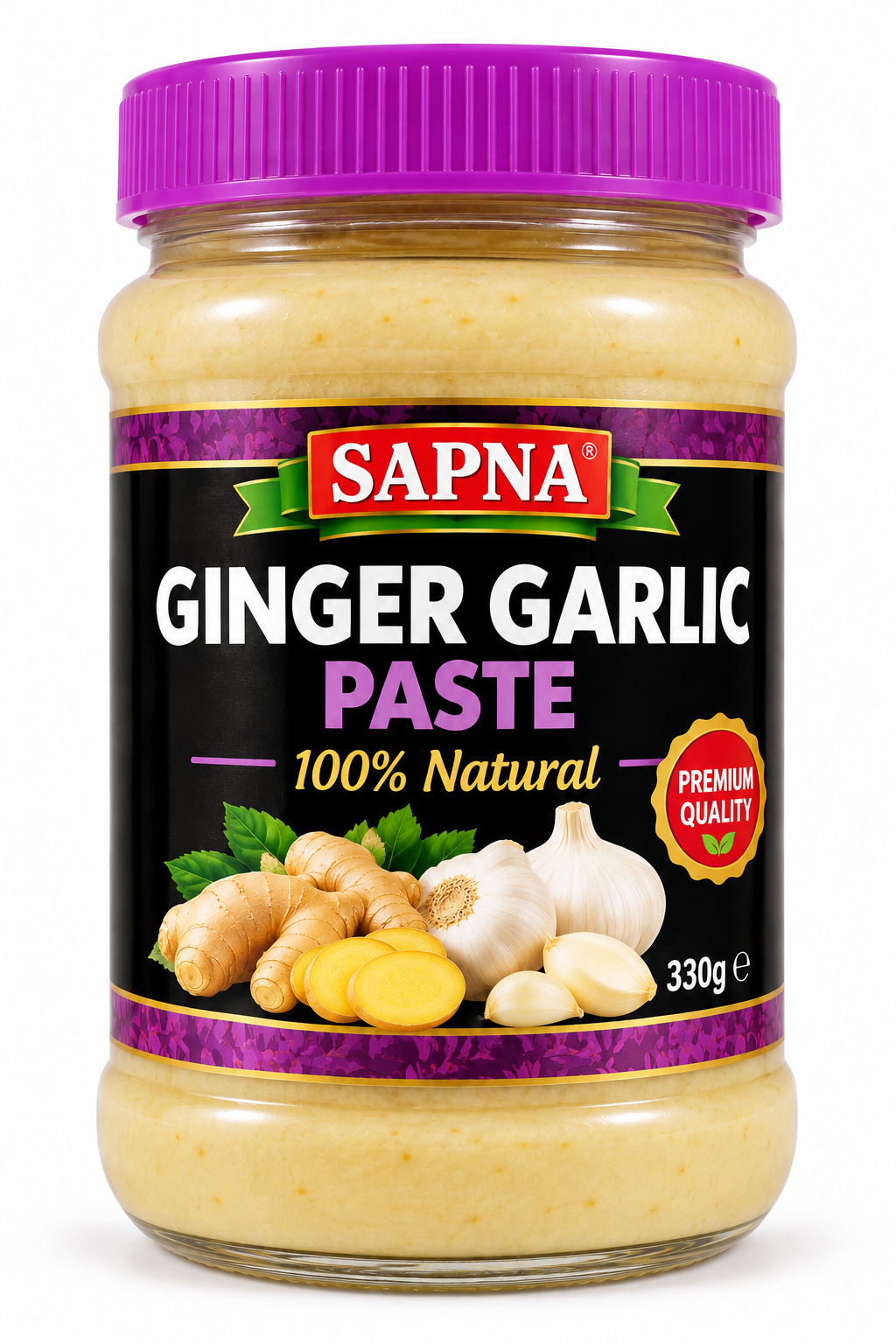 Sapna Ginger Garlic Paste 330g jar with a purple lid and black-and-purple label, featuring ginger roots, garlic bulbs and fresh green leaves, convenient for everyday Indian cooking.